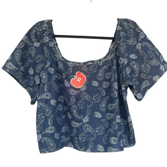 Cider Shirt Womens 2XL Blue Denim Paisley Smocked Square Neck Short Sleeve Crop - Picture 1 of 6